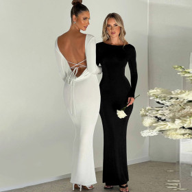 Sexy backless lace up long sleeved elegant dress