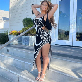 Printed sexy backless hollowed out slit suspender dress