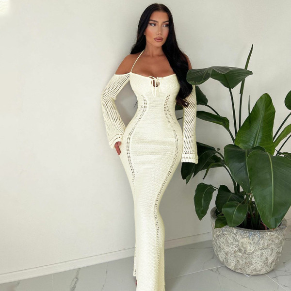 Sexy backless lace up slim fit hollow out long sleeved dress