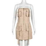 Wrapped chest dress with hollowed out backless multi pocket one step skirt