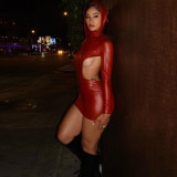 Long sleeved high necked personalized hooded patent leather hollowed out sexy ultra short dress