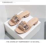 Snake skin square buckle thick heel slippers