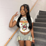 Printed rose slim fit short top with exposed navel
