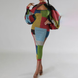 Spliced contrasting color printed long sleeved oversized dress