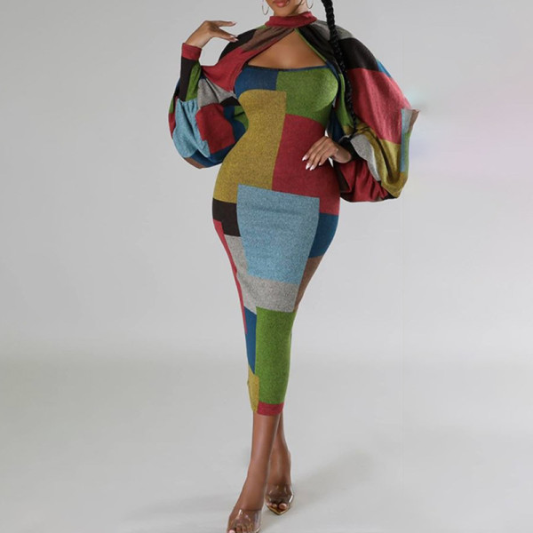 Spliced contrasting color printed long sleeved oversized dress