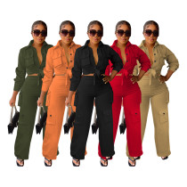 Long sleeved and long pants workwear style wide leg solid color two-piece set
