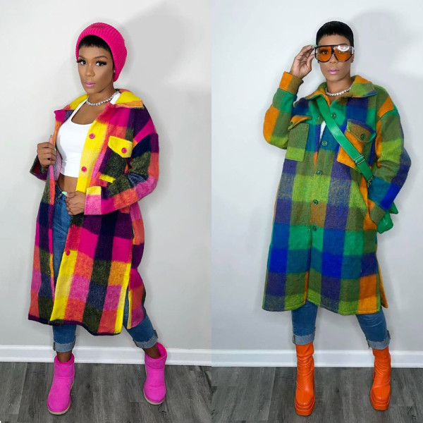 Printed plaid mid length patch pocket coat