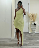 Solid color diagonal shoulder dress