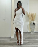 Solid color diagonal shoulder dress