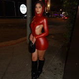 Long sleeved high necked personalized hooded patent leather hollowed out sexy ultra short dress