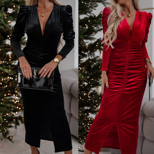 Golden velvet slim fit dress
