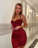 Folded mesh fishbone irregular hanging neck fashion dress