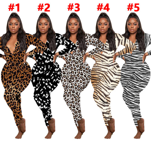 Leisure leopard print long sleeved pants, home jumpsuit