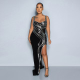Sexy Hot Diamond Sleeveless Wrapped Hip Split Tight Elastic Dress