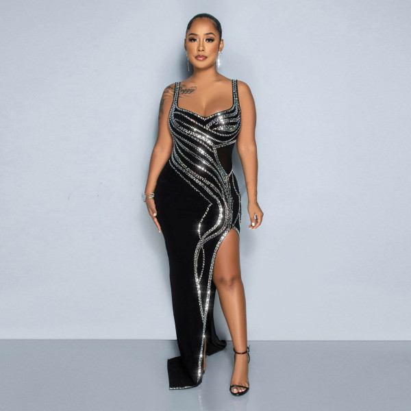 Sexy Hot Diamond Sleeveless Wrapped Hip Split Tight Elastic Dress