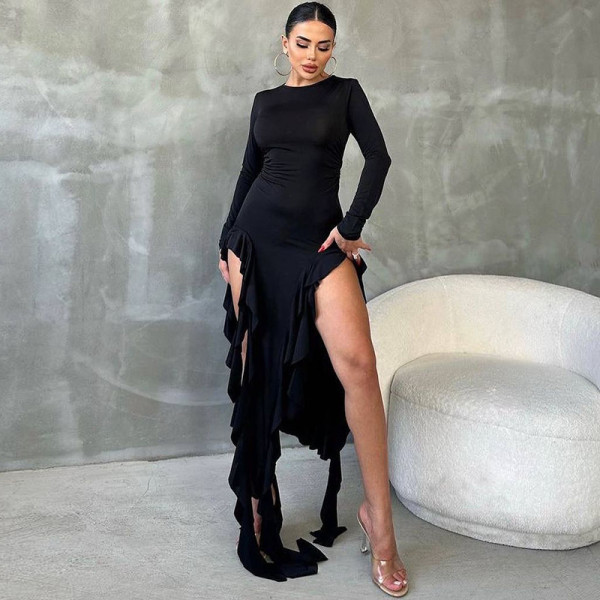 Round neck long sleeved fashionable and sexy revealing leg strap dress