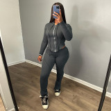 Hooded zippered long sleeved solid color slimming casual pants two-piece set