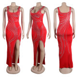 Sexy Hot Diamond Sleeveless Wrapped Hip Split Tight Elastic Dress