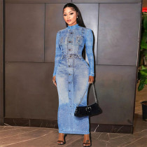 3D denim printed round neck pullover sexy slimming long sleeved dress