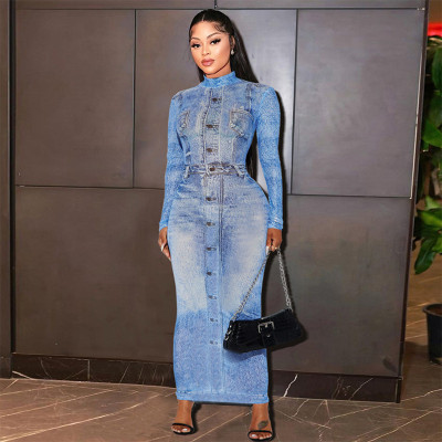 3D denim printed round neck pullover sexy slimming long sleeved dress