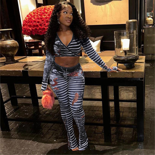 Low cut lace up long sleeved cardigan fashion striped pants set