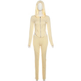 Hooded zippered long sleeved solid color slimming casual pants two-piece set