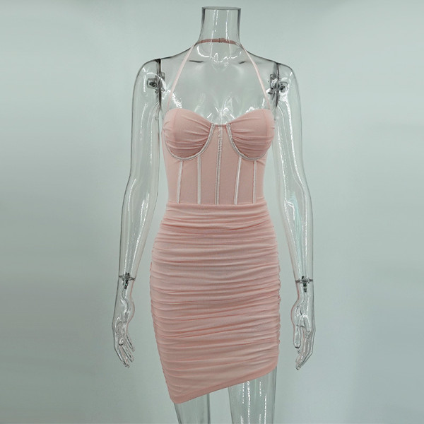 Folded mesh fishbone irregular hanging neck fashion dress
