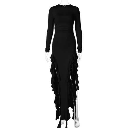 Round neck long sleeved fashionable and sexy revealing leg strap dress