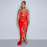 Sexy Hot Diamond Sleeveless Wrapped Hip Split Tight Elastic Dress