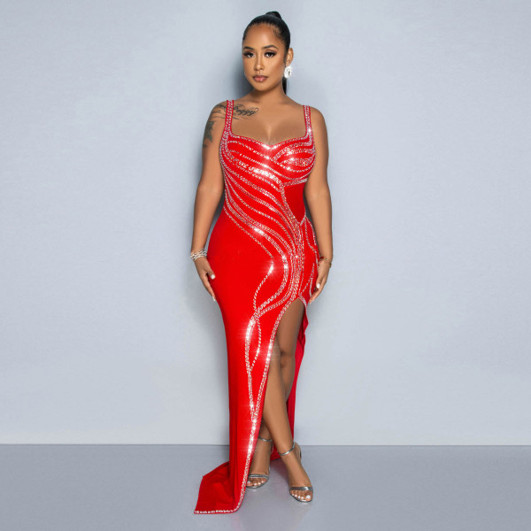 Sexy Hot Diamond Sleeveless Wrapped Hip Split Tight Elastic Dress