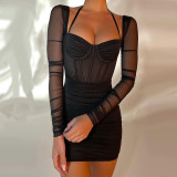Mesh fishbone pleated long sleeved neck hanging short dress