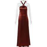 Lace up formal dress, fashionable temperament, hanging neck, backless, sexy slim fit dress