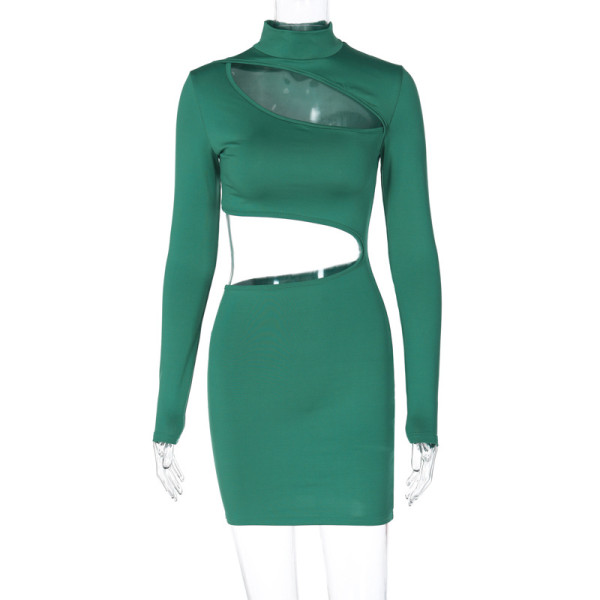 Sexy hollow out slim fit high necked long sleeved dress