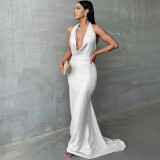 Sexy backless pleated neck hanging dress