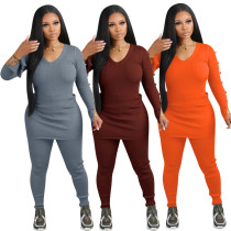 Fashion casual V-neck threaded two-piece set