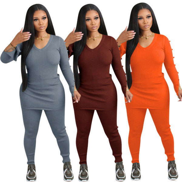 Fashion casual V-neck threaded two-piece set