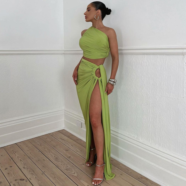 Open back strapless top, slim fit split skirt set