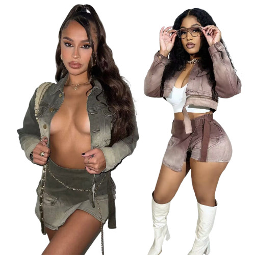 Gradient denim shorts set