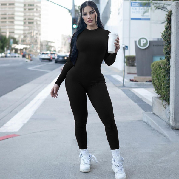 Solid color slim fit yoga exercise jumpsuit