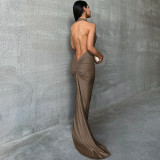 Sexy backless pleated neck hanging dress