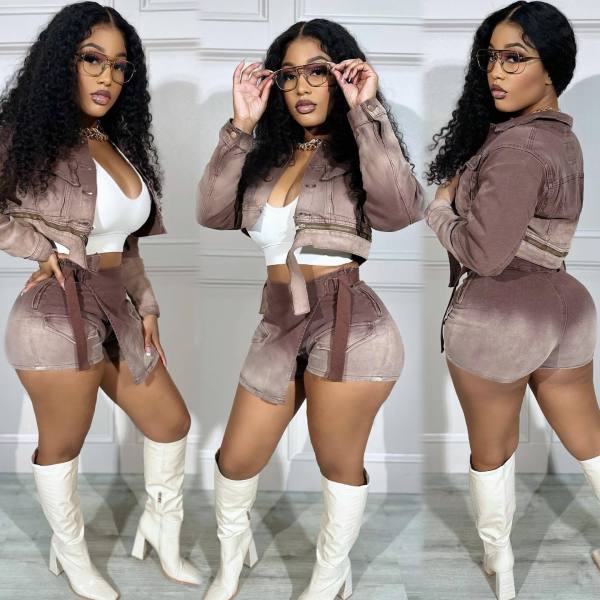 Gradient denim shorts set