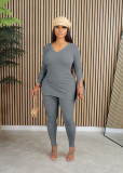 Fashion casual V-neck threaded two-piece set