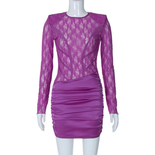 Sexy lace patchwork perspective backless long sleeved buttocks wrapped dress