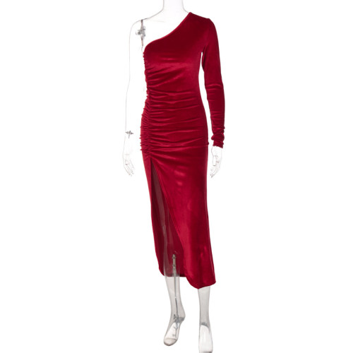 Slanted shoulder long sleeved slim fit pleated slit dress