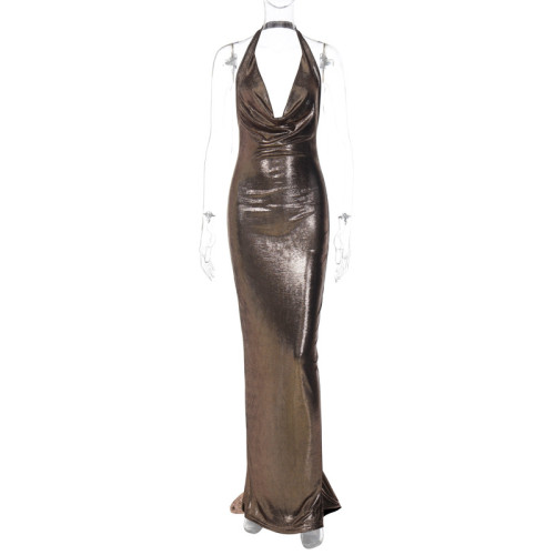 Sexy backless pleated neck hanging dress
