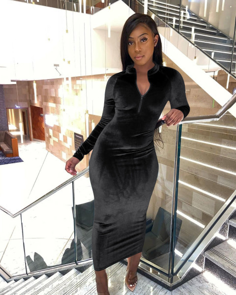 Slim fit glossy velvet solid color dress
