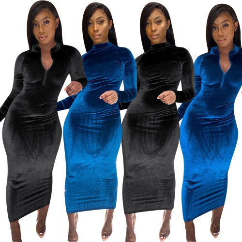 Slim fit glossy velvet solid color dress
