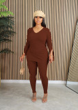 Fashion casual V-neck threaded two-piece set