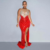 Women's solid color round neck sleeveless hot diamond long dress dress