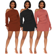Diagonal shoulder pleated top, threaded half skirt, sexy two-piece set Diagonal shoulder pleated top, threaded half skirt, sexy two-piece set
